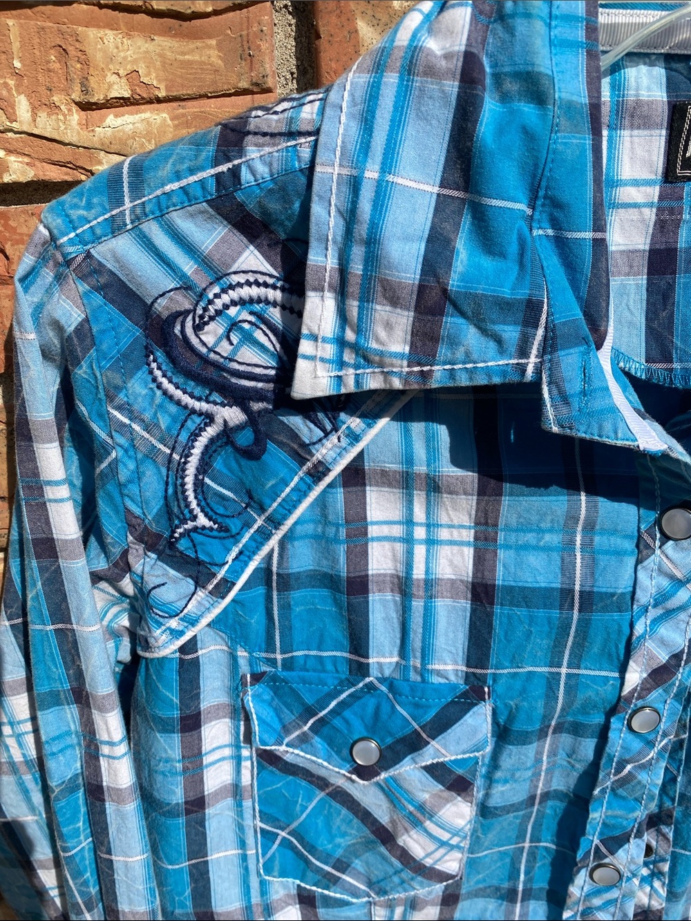 Panhandle Slim Teal and White Plaid Western Snap Shirt S - Picture 5 of 7